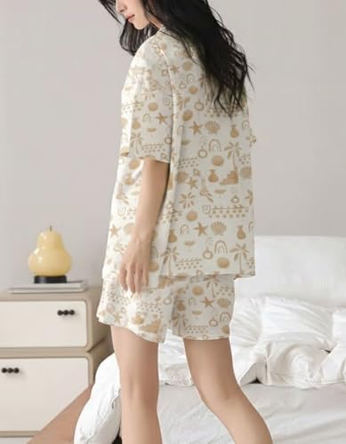 Image of Women Korean Printed Cotton Shirt & Shorts Summer Night Co-Ord Set | Casual Printed Cotton 2 Piece Pajama Set |Button Down Shirt & Shorts Matching Combo |Cute Pjs Sets For Beach Sleepwear Loungewear