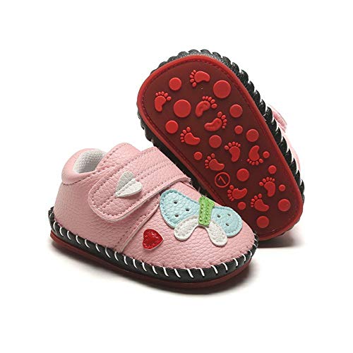 PanGa Baby Boys Girls Non-Slip Soft Rubber Sole Pu Leather Cartoon Sneakers Toddler Infant Slippers First Walkers Crib Shoes (6-12 Months Infant, Pink-Butterfly)