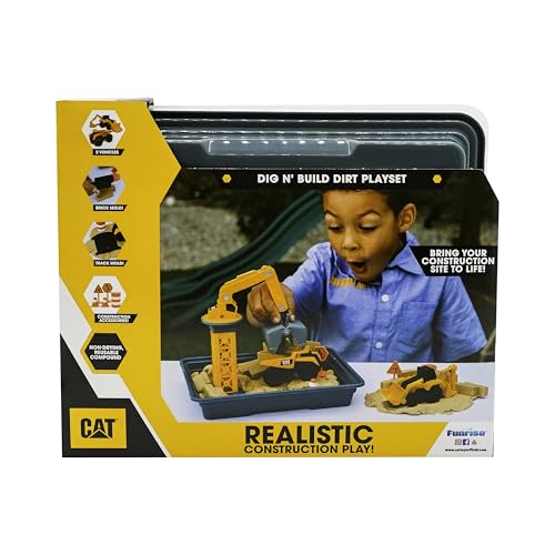 Image of CAT Dig N' Build Dirt Playset - 12 oz Moldable Dirt Compound, Working Crane, 2 Little Machines Vehicles, Construction Molds & Easy-Cleanup Tray, Sensory STEM Toy for Kids Ages 3 +