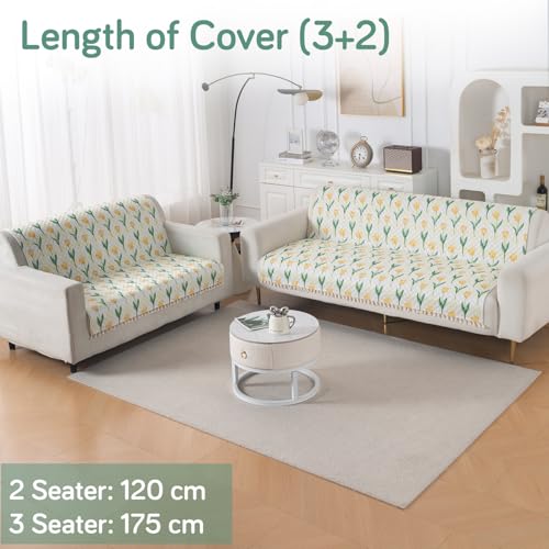 Image of HOKIPO Tulip Blossom Quilted Sofa Cover 5 Seater with Tassels - (3+2) for Seat & Back | 'Tassel Twigs' Series (IN-991-T4 + IN-990-T4)