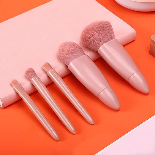 5 Pcs Mini Makeup Brushes Set with Mirror Kit Case Apply to Face Foundation, Powder, Concealers, Eyebrow, Eyeshadow Blush and Lip Gloss 5 Piece Professional Travel Case for Girls