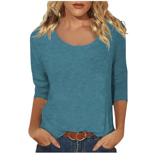 Camiseta Casual de Manga 3/4 con Cuello Redondo y Estampado de Color sólido para Mujer (Blue, M)
