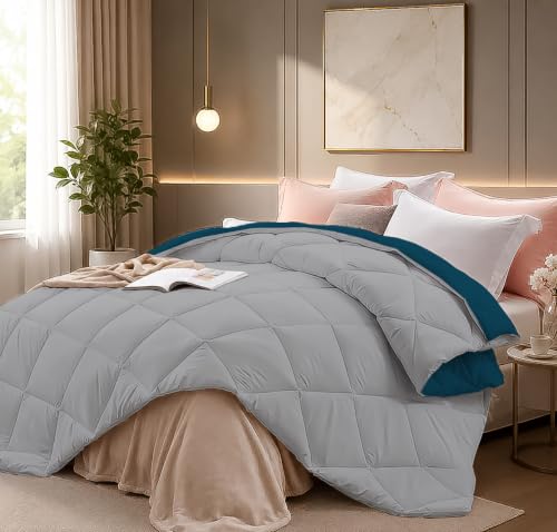 Image of Super Comfort Microfiber 400 GSM Reversible Winter Comforter for Single Bed Rajai /Blanket Diamond Stitch (60 inch x 90 inch Inches /152cm x 228cm) - Comforter Single Bed|Silver /Teal Blue