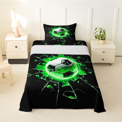 Homemissing Juego de sábanas para cama individual con diseño de balón de fútbol, diseño de impacto deportivo, sábana bajera ajustable de bolsillo profundo, 3 piezas con 1 funda de almohada