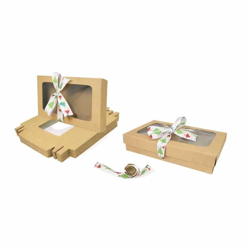 Emartbuy Pack of 96 White and Brown Gift Boxes with Clear Window Lid & White Tree Satin Ribbon - Large Wide 29.5 x 22 x 4.5 cm - Recyclable Kraft Presentation Box for Hampers, Weddings & Favours