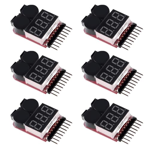 AEDIKO 6pcs Lipo Battery Checker RC Battery Low Voltage Buzzer Alarm Voltage Tester Monitor for 1-8S Lipo Life LiMn Li-ion Battery