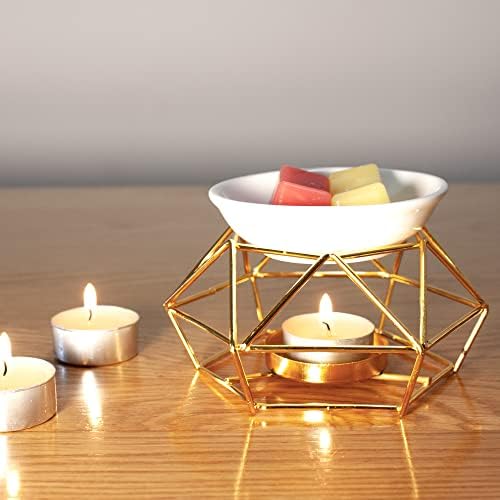 Metal Essential Oil Burner for Scented Oil with Ceramic Bowl Wax Burner for Scented Wax Melt Burner Aroma Diffuser Tealight Candle Holder for Home Bedroom Living Room Gifts & Décor(Gold)