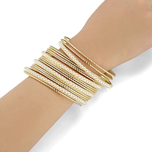 Ensoul Acrylic Pearl-Beads/Glass Seedbeads Mixed Metal Bangles Bracelets for Women Set of 172