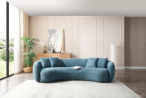 Image of KEIKI 103 inch Boucle Half Moon Curved Sectional Sofa with 4 Throw Pillows, Modern 5-Seater Teddy Fleece Leisure Couch with Curved Backrest, Easy Assembly, for Apartment, Living Room, Bedroom, Blue
