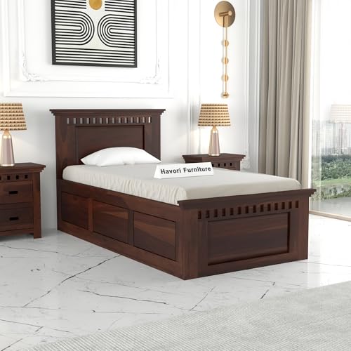Image of Solid Sheesham Wood Single Size Bed with Box Storage for Bedroom Living Room Single Cot for Home Wooden Palang for Hotel (Walnut, Size 6 * 3)