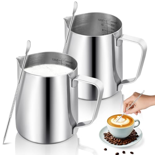 La mejor comparación de Cazos para leche - los preferidos. 40 INGEQUIS 12oz/350ml 2 Pzas Jarras para Espumar Leche de Acero Inoxidable, Taza de Jarra de Leche con 2 Latte Art Pen, Doble Escala, para Capuchino, Café con Leche, Cafetera...