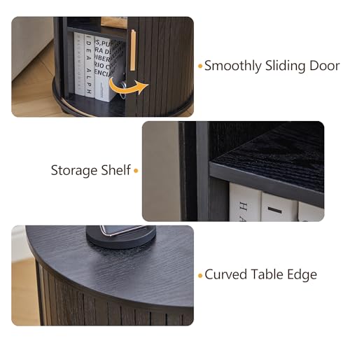 Image of 18 inch Round End Table, Modern Wood End Side Table with Charging Station - 2 AC + USB + Type-C, Fluted Nightstand with Sliding Door for Living Room, Bedroom (18 Inch, Black)
