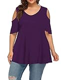 ALLEGRACE Plus Size Tunic Tops for Women Short Sleeve Cold Shoulder Summer Tunics Shirts Purple 2X