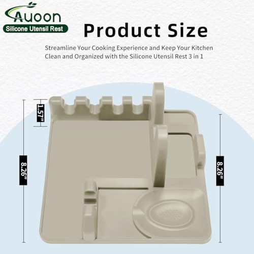Image of Auoon Silicone Spoon Rest with Lid Holder - 3 in 1 Kitchen Utensil Rest for Soup Ladles, Pot Lids, Spatulas, Spoons, Tongs, BPA Free & Dishwasher Safe, 8.26 x 8.06 Inch (Milk Shake, Large)