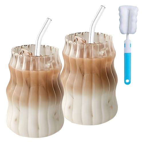 2Pcs 530ML Glass Mugs with Straws - Clear Iced Coffee Cup Matcha Ribbed Wavy Glass Cups Matcha Glasses with Straws Brush & Cup Brush for Ice Coffee Juice Drink Milk Tea Cocktail Wedding Birthday Gift