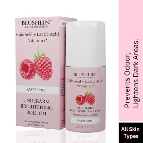 Image of BLUSHLIN Kojic Acid UnderArm Brightening Roll on with AHA | Lactic Acid, Mandelic Acid, Raspberry, & Vitamin C | Prevents Body Odour, Fades Pigmentation, Kills Bacteria | Suitable for Sensitive Skin