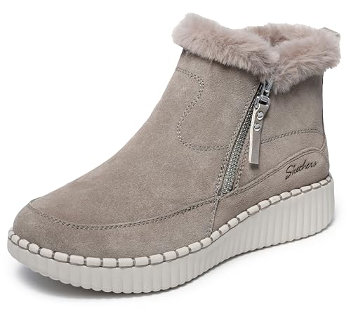 Skechers Women's WILSHIRE BLVD - FRESH ZIP, Side zip mid bootie with faux fur collar, Taupe, 7M