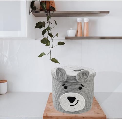 Image of Aroma Brand Kids Lid Basket with Beautiful Characters - Rope Storage Basket for Baby Diaper, Stuffed Animal Storage Bin Rope Basket for Kids Toy, Baby Laundry Baskets with Lid (Grey Dog)