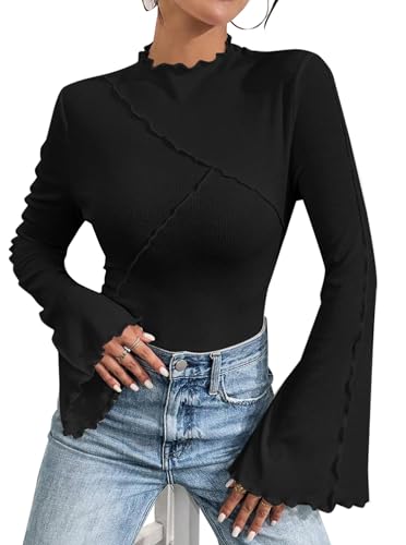 Remidoo Womens Mock Neck Bell Long Sleeve T Shirt Lettuce Trim Fitted Shirt3