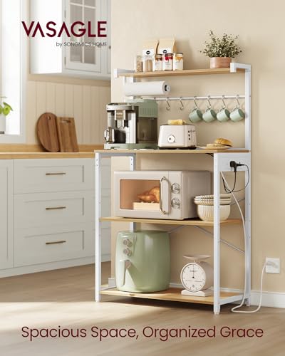 Image of VASAGLE BARNET Collection - Kitchen Bakers Rack with Power Outlet, 31.5-Inch Wide Coffee Bar 4-Tier with 8 S Hooks, Modern Microwave Stand, Adjustable Shelf, Golden Oak and Cloud White UKKS029YA01