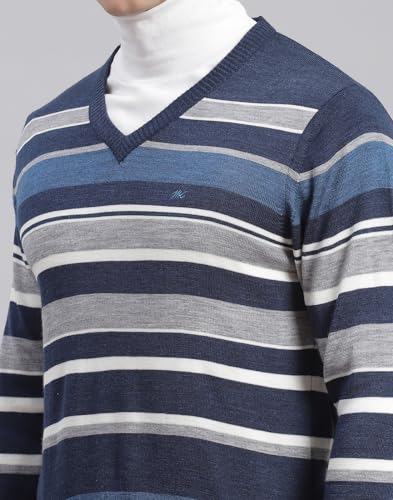 Image of Monte Carlo Royal Blue Striped V Neck Pullover | Warm Woolen Pullover for Men | Soft Comfortable Knitted Winter Wear Sweater for Men's