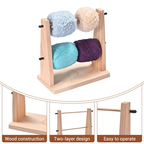 Image of Yarn Ball Holder, Double Layer Yarn Spindle Dispenser, Horizontal Wooden Ribbon Rack for Crocheting & Knitting