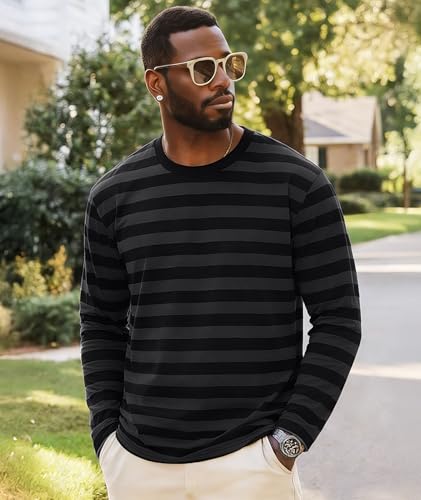 Image of KESIHAN Mens Striped Long Sleeve Shirt Crewneck Casual T-Shirt Basic Stripe Cotton Spandex tee Shirt