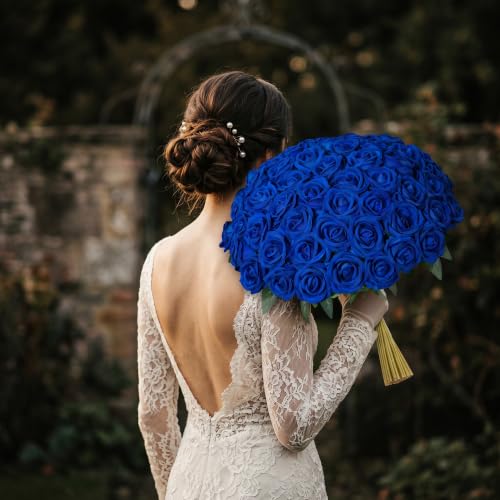 Image of 50 PCS Blue Roses Artificial Flowers, Fake Roses with Stem Realistic Silk Roses for DIY Wedding Bouquets Tables Centerpieces Arrangements Baby Shower Birthday Home Decor Independence Day Gift for Her