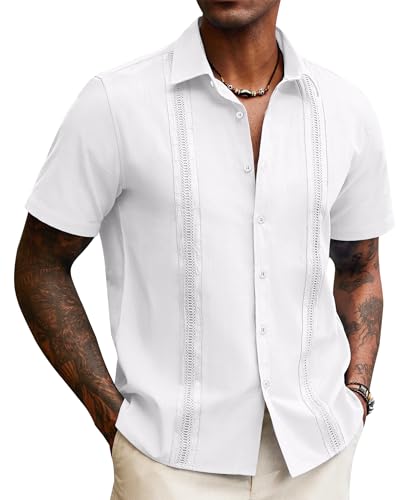Guayabera Linen Shirts for Men Short Sleeve Button Down Shirt Hawaiian Shirt Cuban Summer Shirts Beach Shirts
