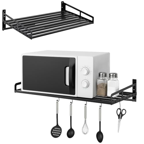 Otoolling Microwave Wall Mount, 23.5'' x 15'' Shelf Oven Rack with Hook Rail, Black Carbon Steel Counter Countertop Holder for Kitchen Home, Mounted Bracket Holder for Electric Oven