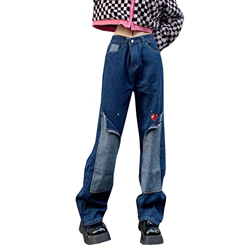 Women Teen Girl High Waist Heart Print Straight Wide Leg Y2K Loose Baggy Cargo Jeans
