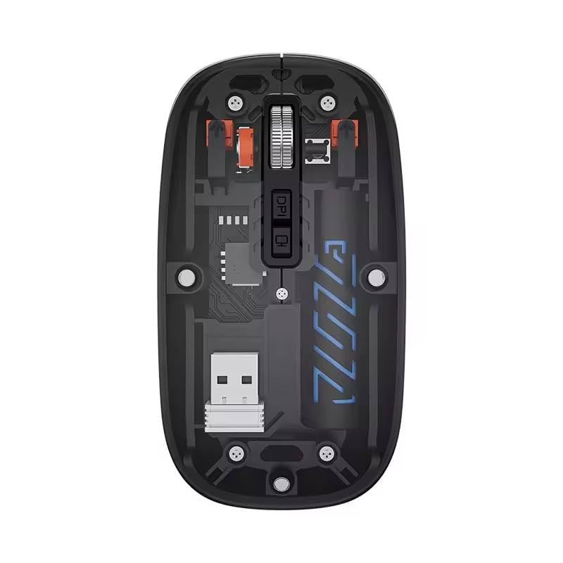 Image of PhT2104 Slim Wireless Mouse with Transparent Cover, 2.4GHz and Dual Bluetooth, Rechargeable, Adjustable DPI, LED for Laptop, PC and Tablet, Black BTWMOUSE