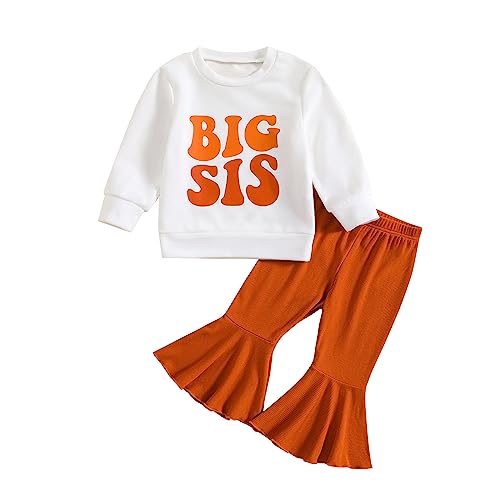 Image of Big Sister Little Sister Matching Outfit Toddler Baby Girl Crewneck Shirts Floral Bell Bottom Pant Fall Clothes