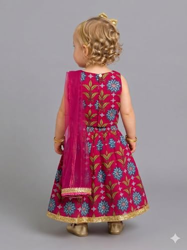 Image of A.T.U.N. (ALL THINGS UBER NICE) Baby Girls Cotton Ethnic Floral Lehenga Choli Set with Lace & Dupatta | Traditional 3-Piece Festive Outfit for Kids