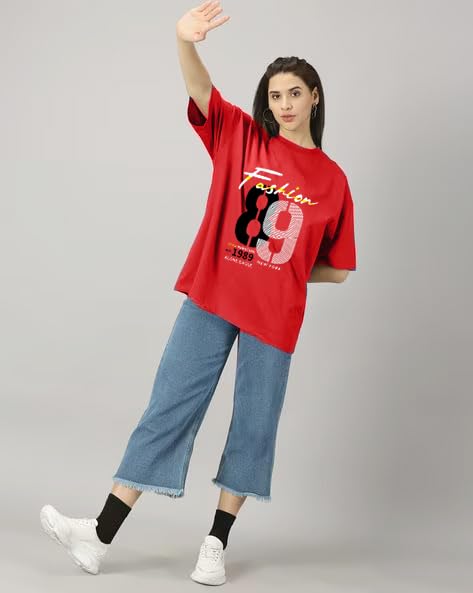 Image of Women's Printed Round Neck Oversized Longline Drop Shoulder Boho Style T-Shirt | Loose Fit Drop Shoulder | Soft Breathable Summer T-Shirt