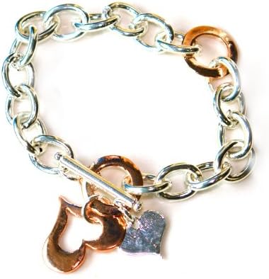 Deals-Point® silver plated links barcelet,plated silver and rose red gold heart charms , 65mm diameter and 7.5"inches Long.