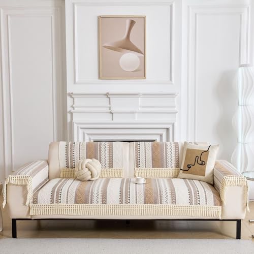 Image of HOMETHREADS Innovative European Premium Style Anti Slip Cotton Sofa Cover Mat with PVC Backing for Non-Slip Comfort (Khaki, 4 Seater | 70x210cm)