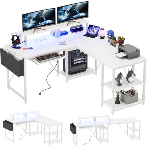 Flamaker Gaming Tisch l Form 140x140 cm - Eckschreibtisch mit RGB LED, Monitorständer & Ablagefach | 2 Steckdosen + 2 USB-Anschlüsse (Weiß)