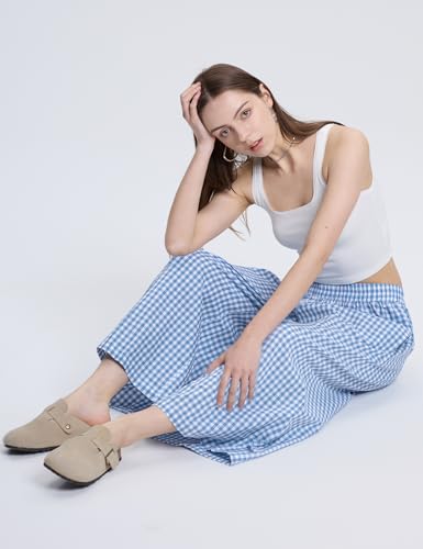 Image of LOMON Womens Wide Leg Capri Pants Gingham Plaid Culottes Summer Elastic Waist Palazzo Trousers Bottoms with Pockets