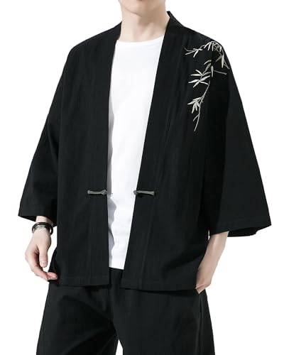 Image of Mens Kimono Cardigan Cotton Linen Japanese Shirt 3 /4 Sleeve Haori Yukata | Skin-Friendly Solid Color Lightweight Shawl Collar Kimono Robe Embroidery Button Tie Pockets Happi Coat All Season Daily Wear
