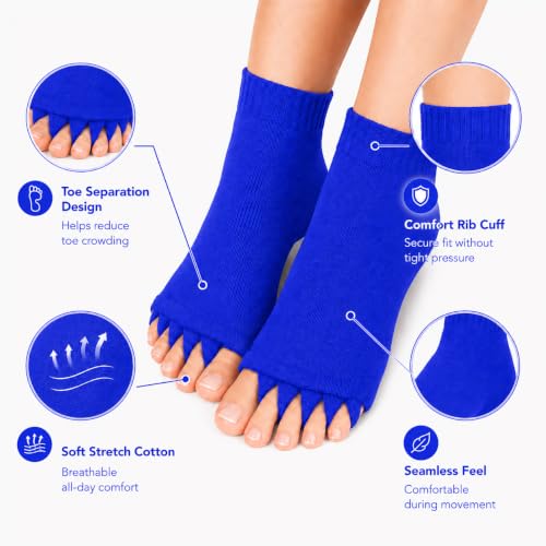 Image of Foot Alignment Orthopedic Cotton Socks for Men & Women | Five Toe Separator | Foot Pain Relief | Bunion Corrector | Plantar Fasciitis Support | Improves Posture & Flexibility | Free Size | Royal Blue | 1 Pair