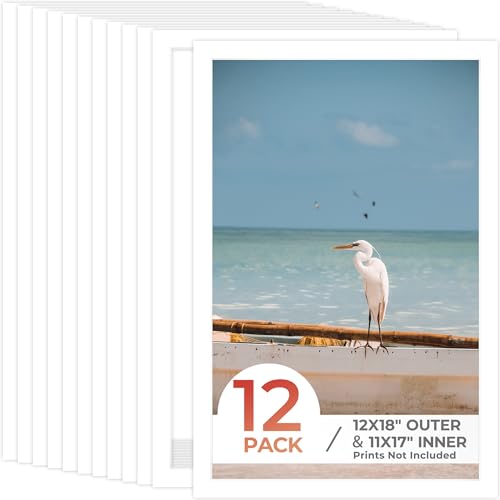 Frametory, 12X18 White Pre-Cut Picture Mats for 11X17 Photos, Prints, Artworks - White Core Bevel Cut 10.5X16.5 Openings Acid Free Frame Mattes 1.4MM Thickness - Pack of 12