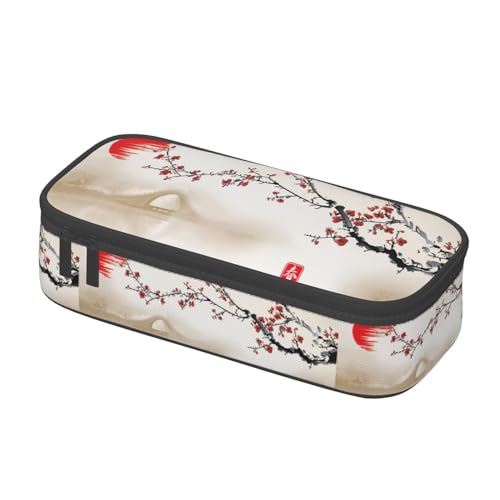 Image of Japanese Cherry Blossom Ink Painting Large Pencil Case, Pencil Pouch With Zipper Compartments Stationery Pencil Bag For Kids Teens Students School Supplies