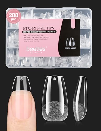 Beetles Gel Nail Tips Short Coffin Pre-Etched Nail Tips, 12 Sizes 288 Pcs Full Cover Soft Tips Half Matte False Nails Clear Acrylic Press on Nails Extension DIY Manicure Gifts for Women