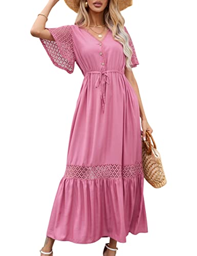 KOJOOIN Damen Sommerkleid Spitze Kurzarm Maxikleider Boho Strandkleid lang Rüschen Volant Kleid V-Ausschnitt Freizeitkleid mit Knöpfen Partykleid...