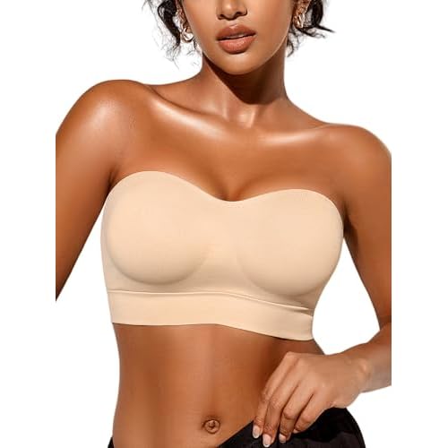 Strapless Bras for Women, S-XL, Non-Slip Silicone Padded Bandeau Bra with Free Clear Strap, Wireless Tube Top Bralette Skin Small