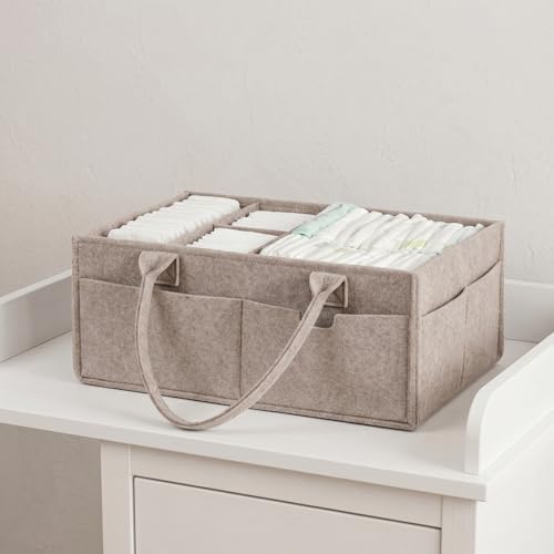 Diaper Caddy Organizer, Nursery Storage Bin Basket with Handle, Felt Diaper Organizer Suitable for Indoor Outdoor, Khaki — view 6