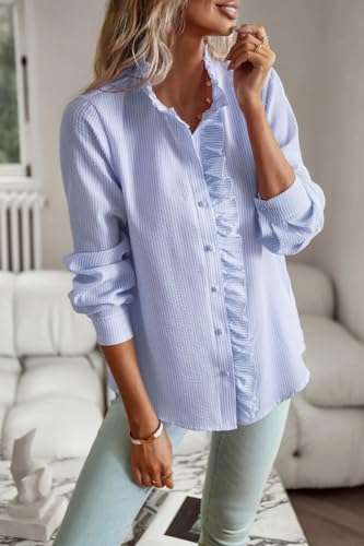 ELFTOWN Women's Ruffle Trim Button Up Long Sleeve Blouse Top Cotton Stand Collar Elegant Work Shirt3