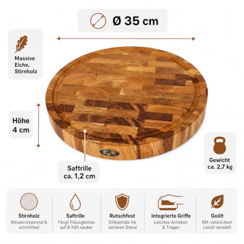 B4K® 35х35х4cm Küchenbrett aus Eiche Stirnholz | Antibakterielles Hirnholzbrett mit Griffen, Silikonfüßen und Saftrille… – Ansicht 5