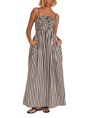 Women Striped Maxi Dress Smocked Backless Spaghetti Strap Long Flowy Dress Sleeveless Boho Aline Sundress